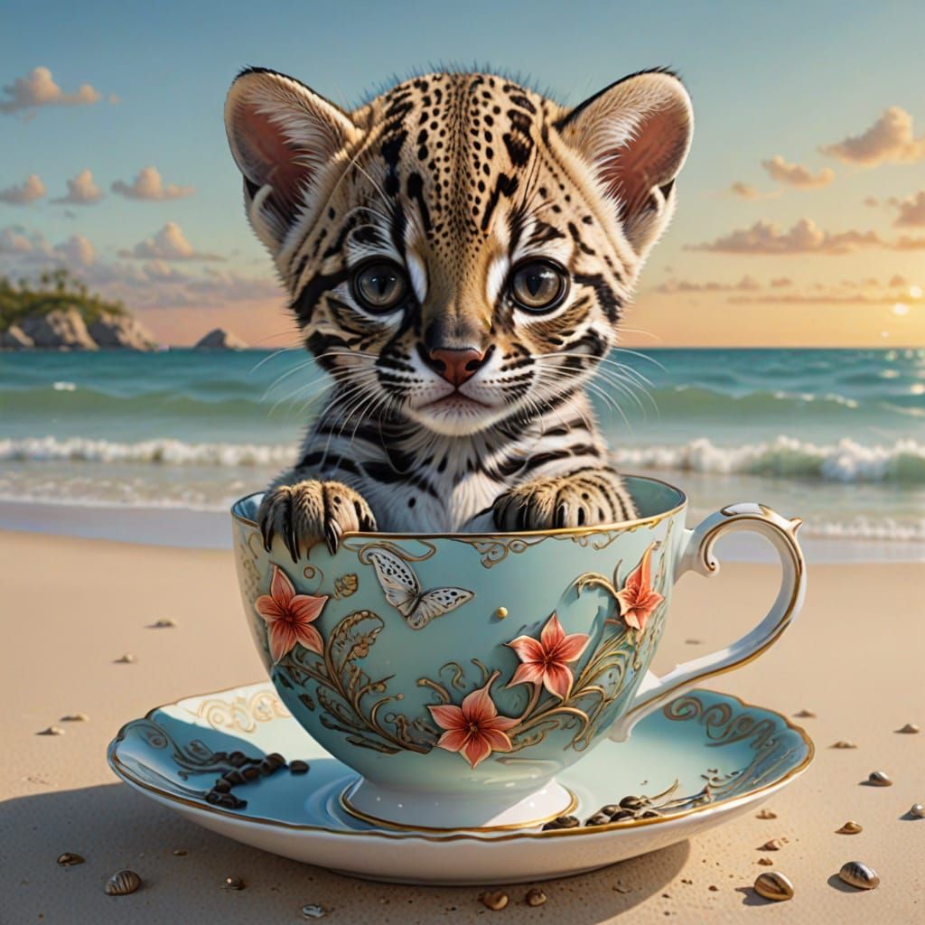 Ocelot Cub in Teacup: Pop Surrealism on the Beach