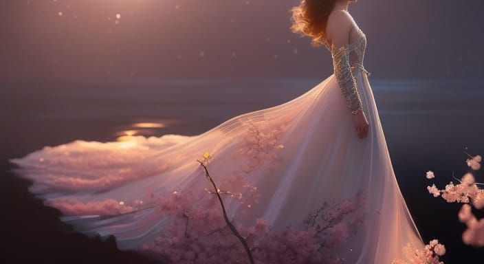 Woman's Star Dress with Cherry Blossoms, Hyperdetailed Art