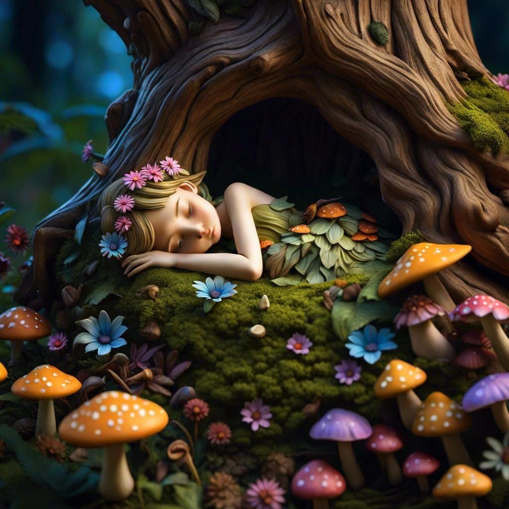 Woodland Fairy Sleeps in Forest Scene