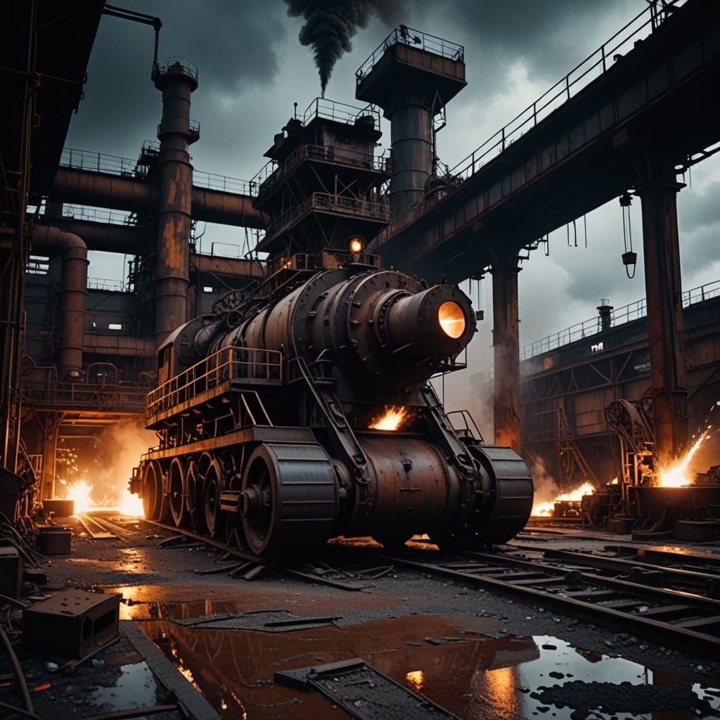 Massive Abandoned Foundry with Rusted Machines and Sparks