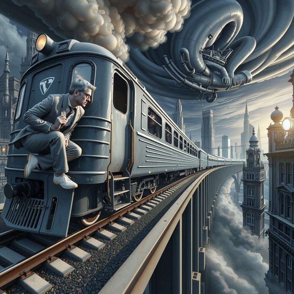 Surreal Train Pierces Iridescent Sky in Hyperrealistic Scene