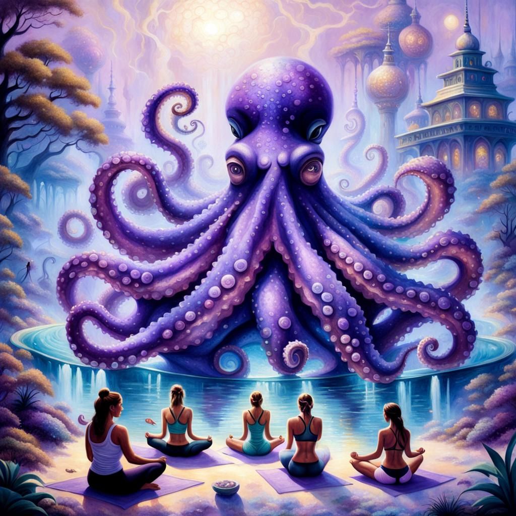 Ethereal Octopus Yoga Fantasy in Thomas Kinkade Style
