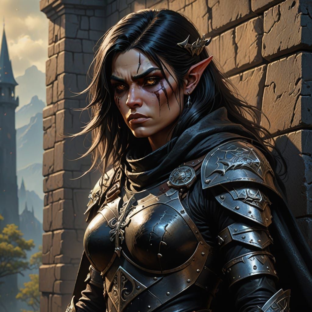 Half Orc Warrior Ascends Tower in Dark Fantasy Realism