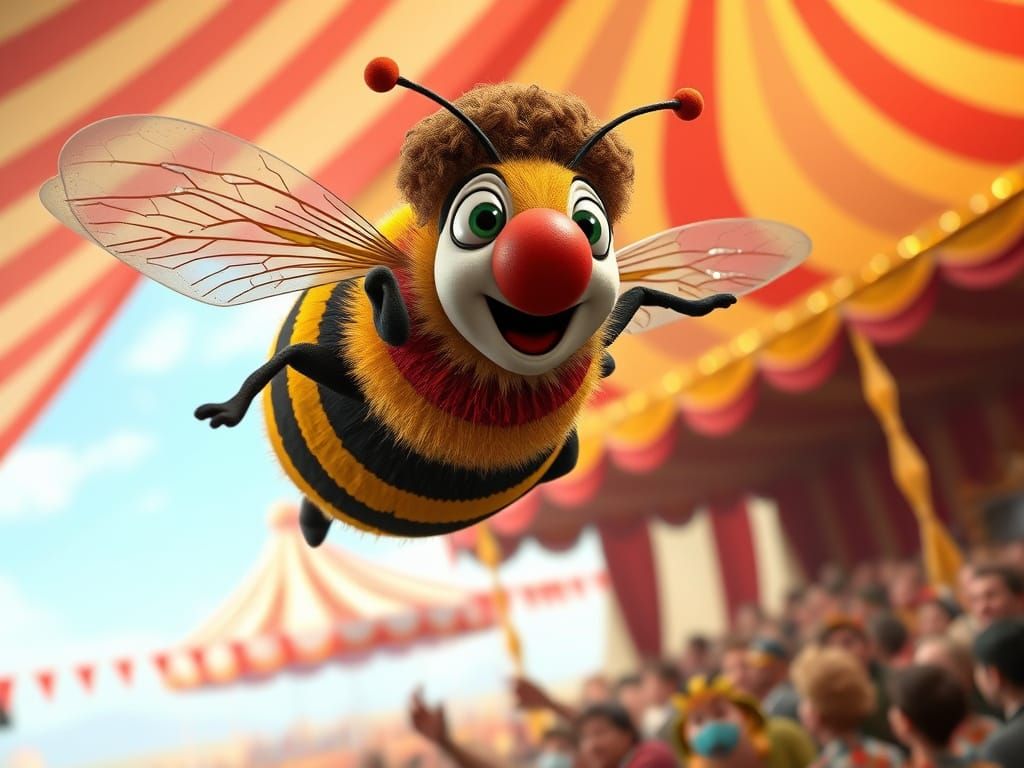A Bee in Clown Attire Flies Towards the Circus Crowd