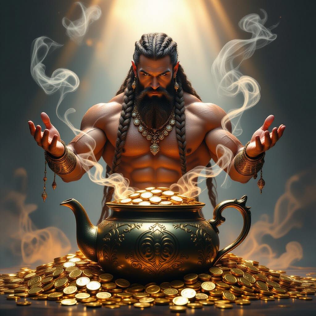 Viking Genie Emerges from Ornate Teapot with Gems and Gold