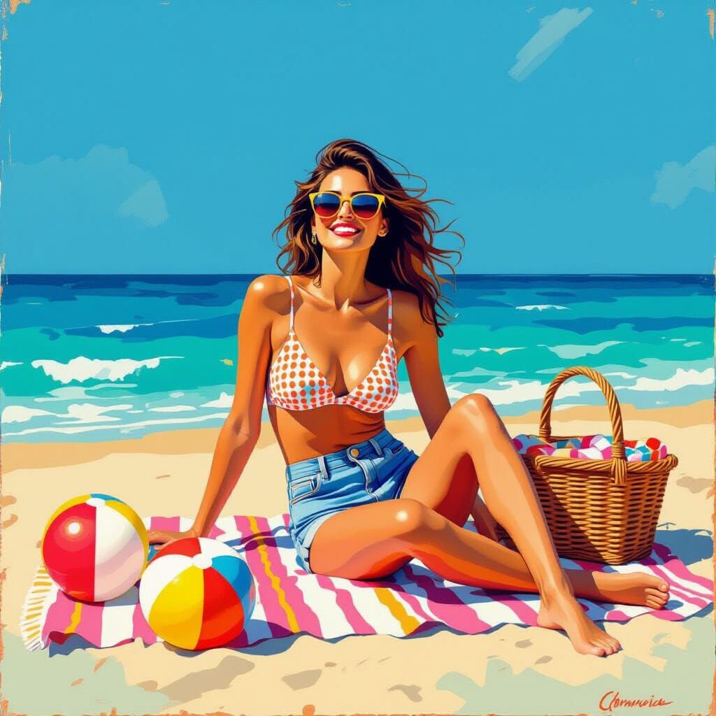 Woman Relaxes on Beach in Folk Art Style