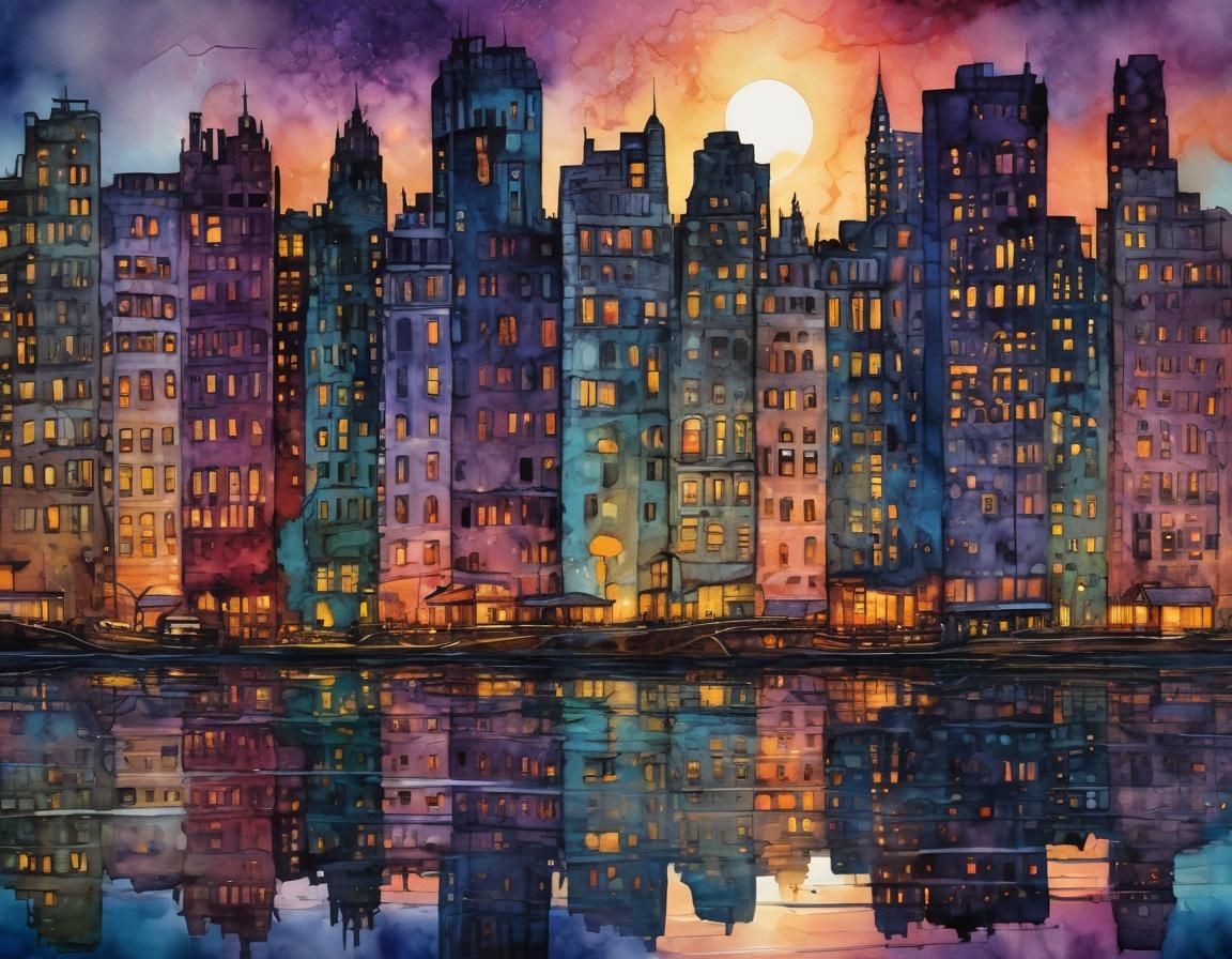 Vibrant Cityscape at Sunset in Impressionist Style