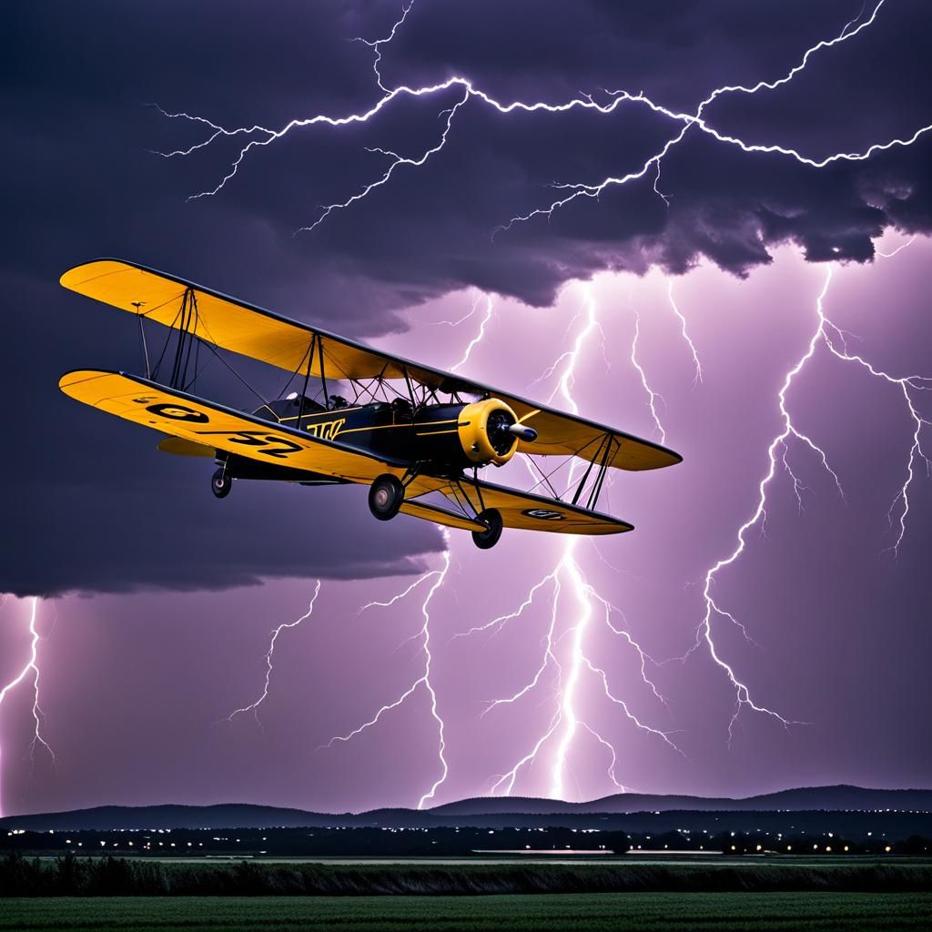 Biplane Soaring Through Lightning Storm in Three Colors