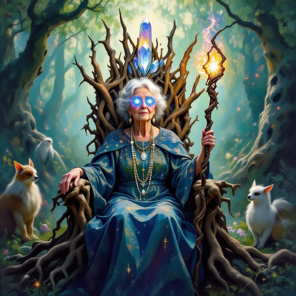 Elderly Mystic on Crystal Throne in Enchanted Forest