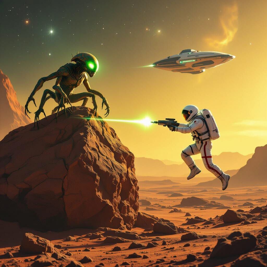 Astronaut Battles Martian Creature on Mars in Cinematic Styl...