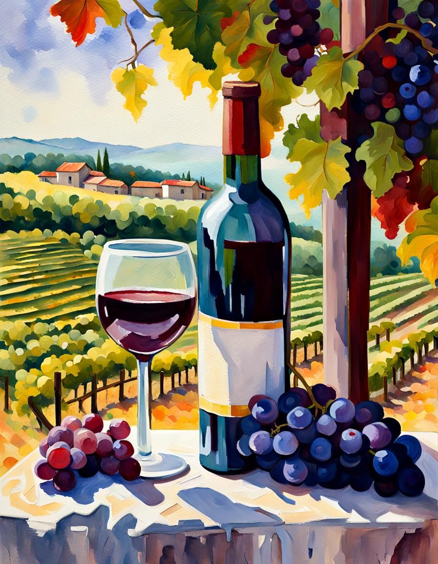 Vineyard Wine Still Life in Gouache Watercolor