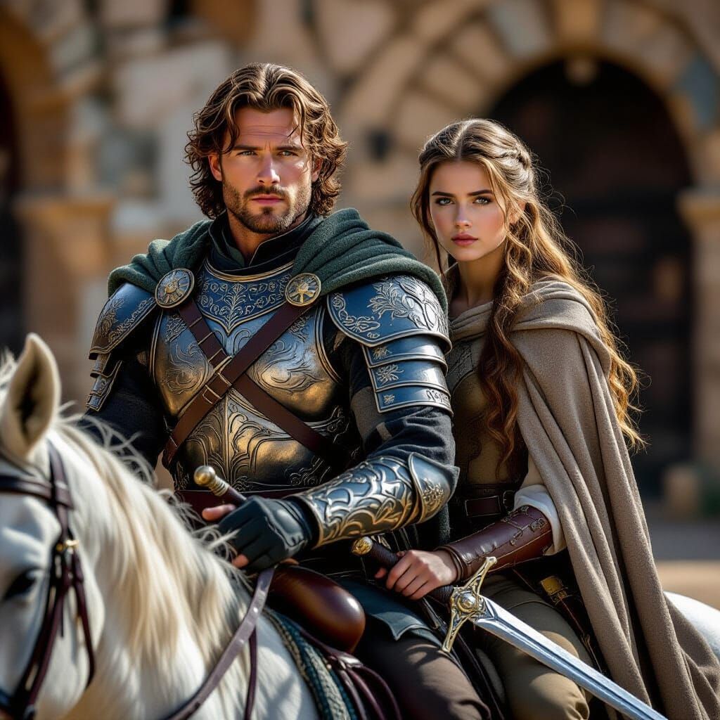 Cinematic Film Still of Armored Man and Woman on Horse
