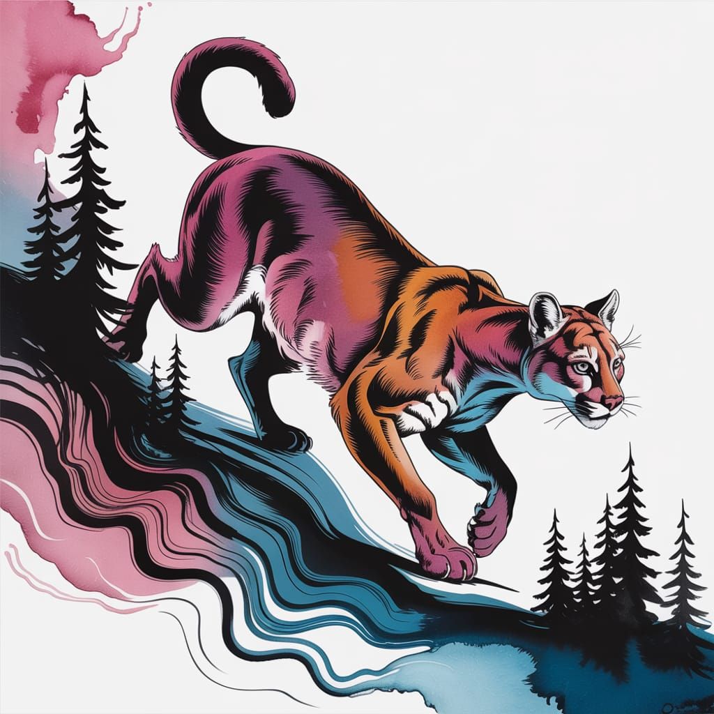 An abstract fluid painting of a cougar running in a mountain...