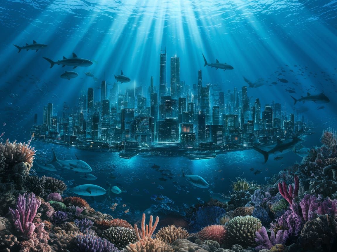 Surreal Underwater Cityscape Teeming with Marine Life