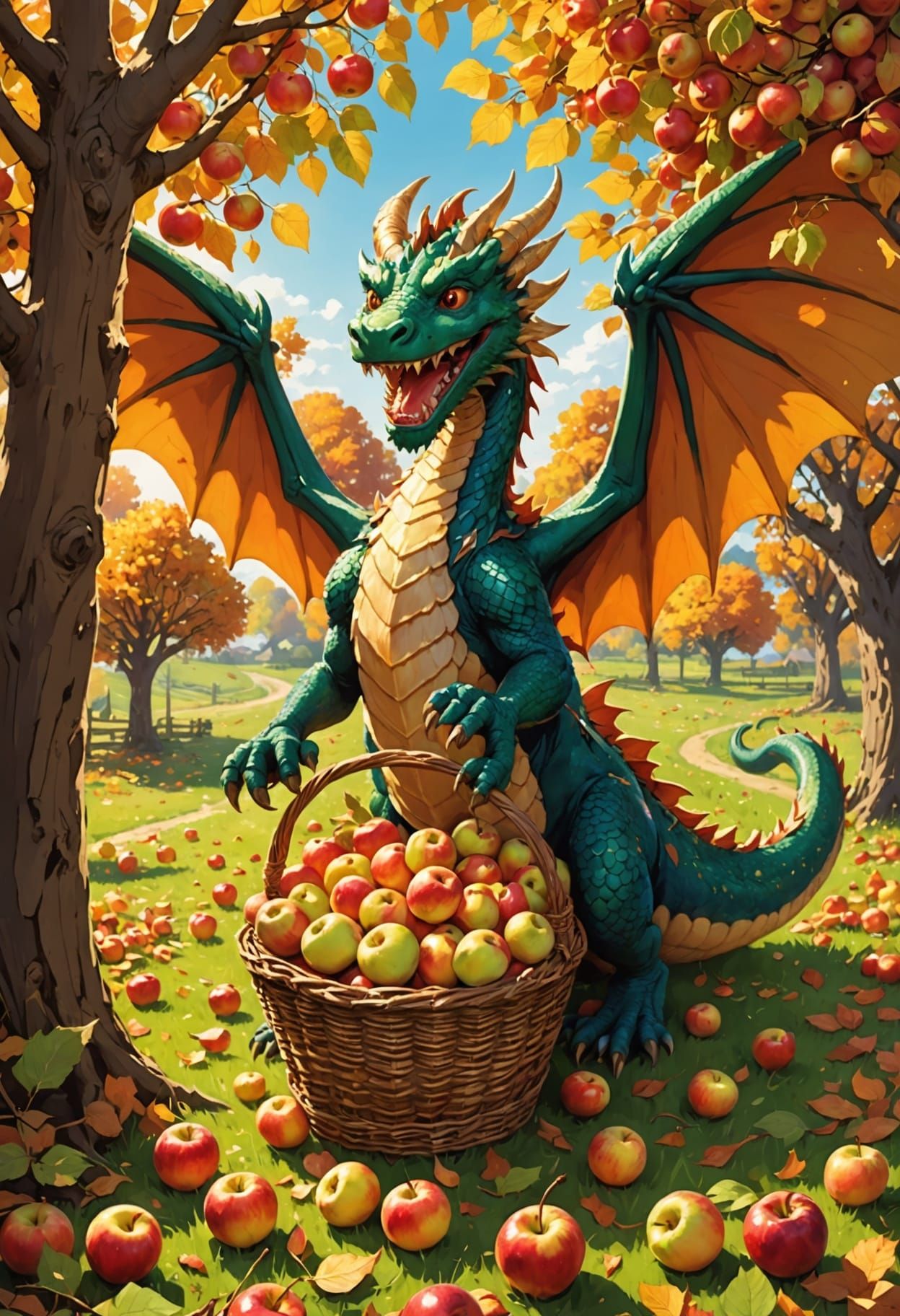 Anime Orchard Scene: Dragon Helper & Apple Harvest