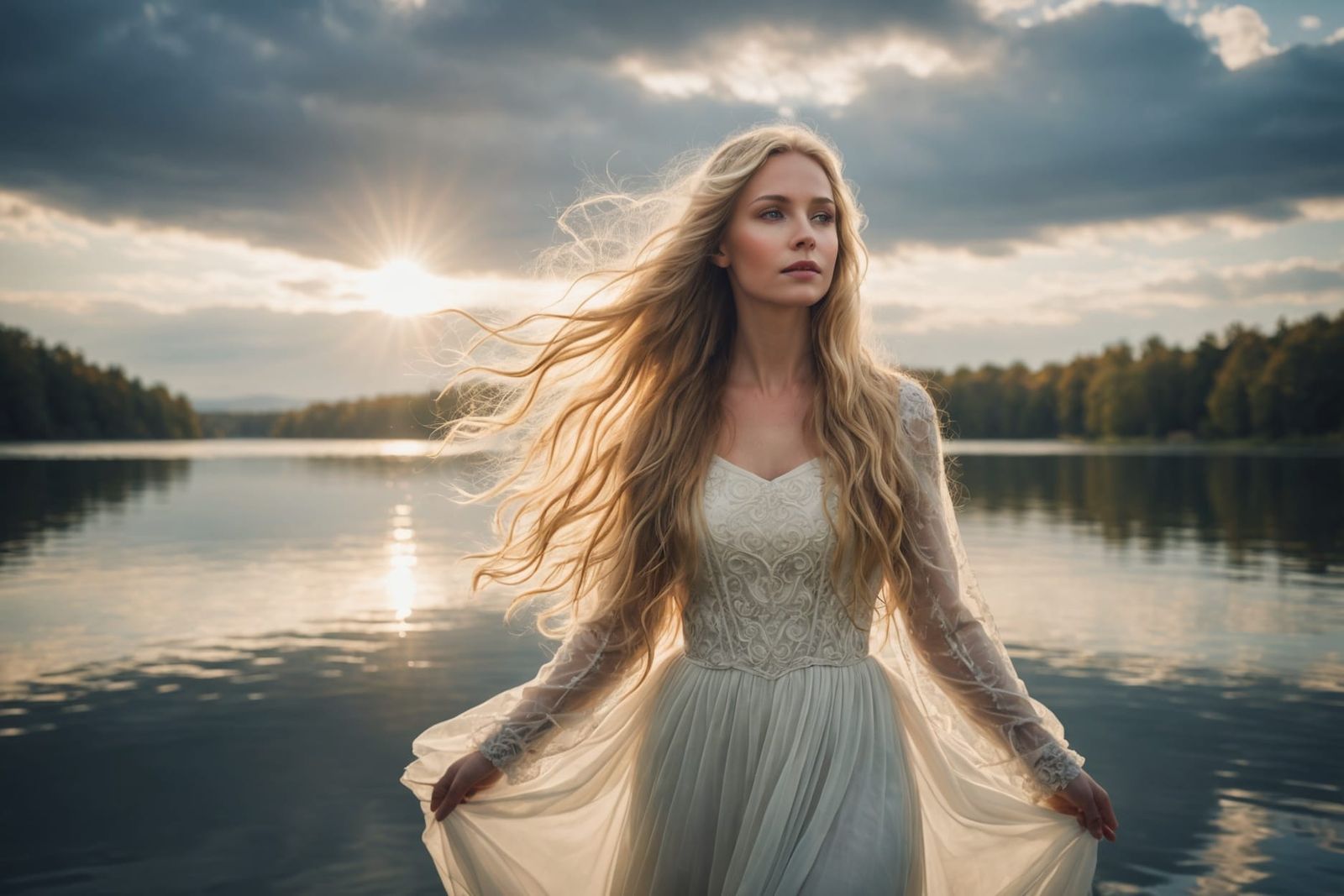 Lake Lady with Flowing Hair in Divine Light