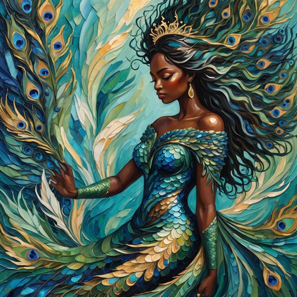 Peacock Mermaid in Abstract Expressionist Oil Painting