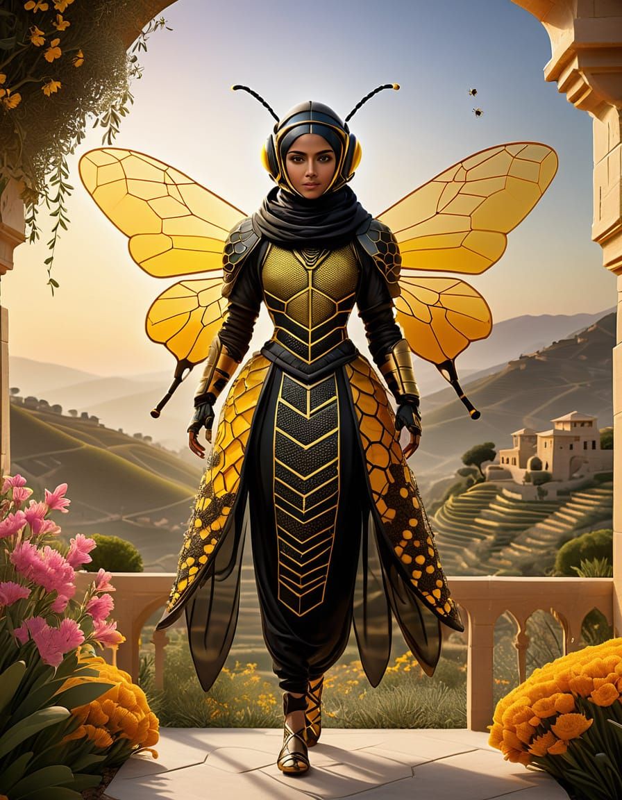 Palestinian Bee Warrior in Traditional Embroidery and Arabic...