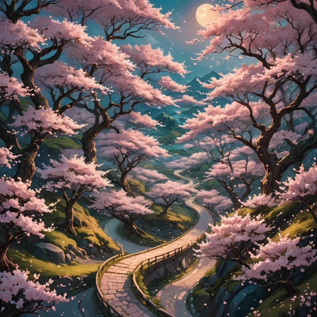 Moonlit Cherry Blossom Trees in Fantasy Art