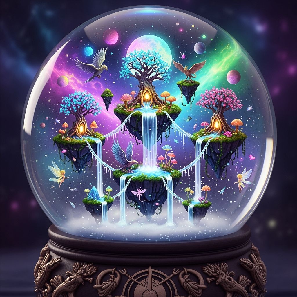 Snow Globe with Floating Islands and Mythical Creatures
