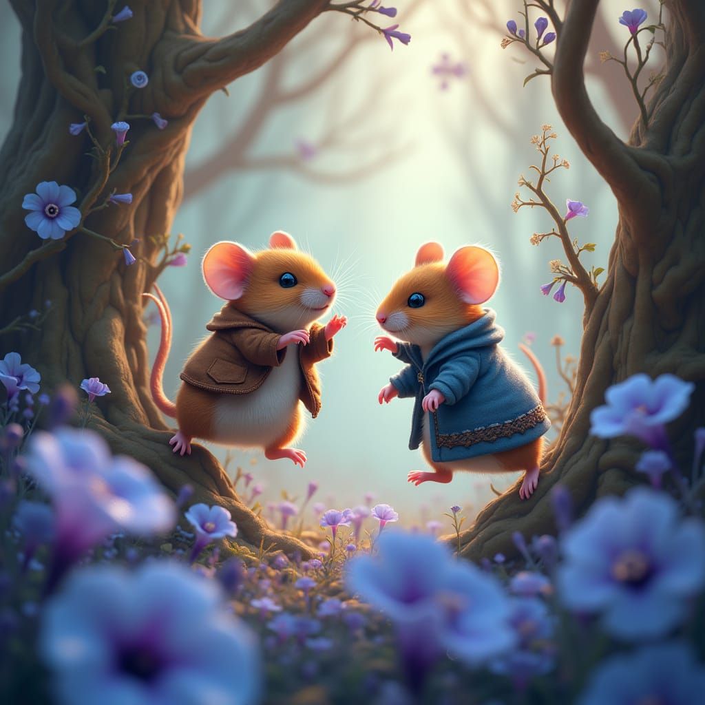 Mice in Vibrant Morning Glory Wonderland