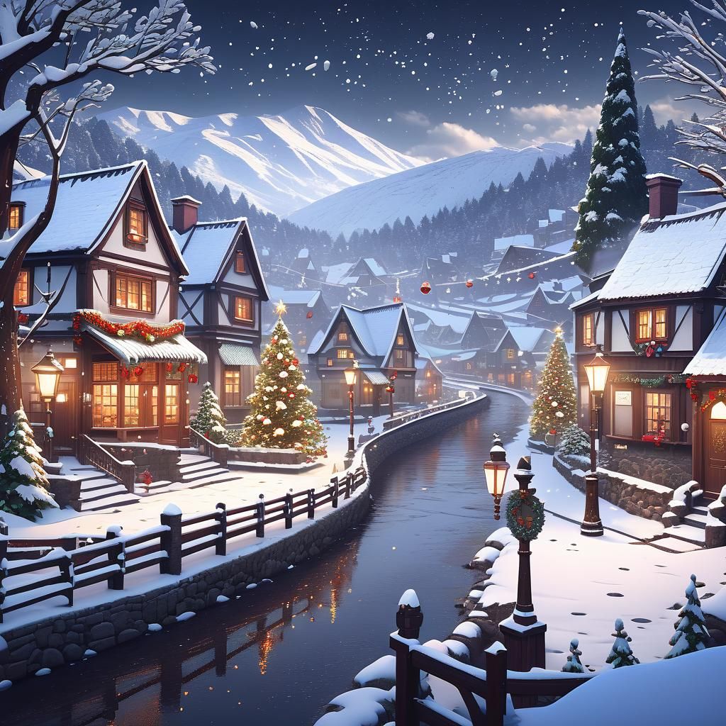 Festive Snowy Village Christmas Card in Anime Style
