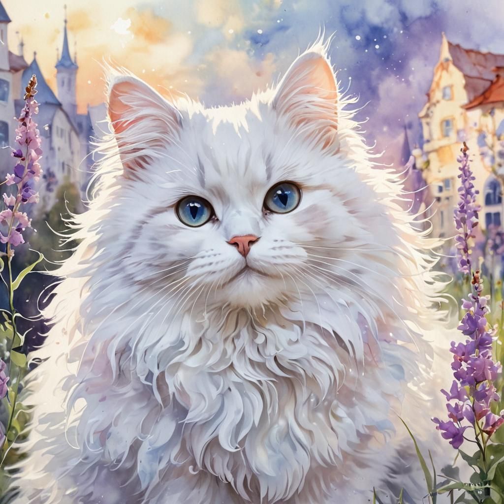 Whimsical Watercolor Landscape of a Cute Fluffy Cat