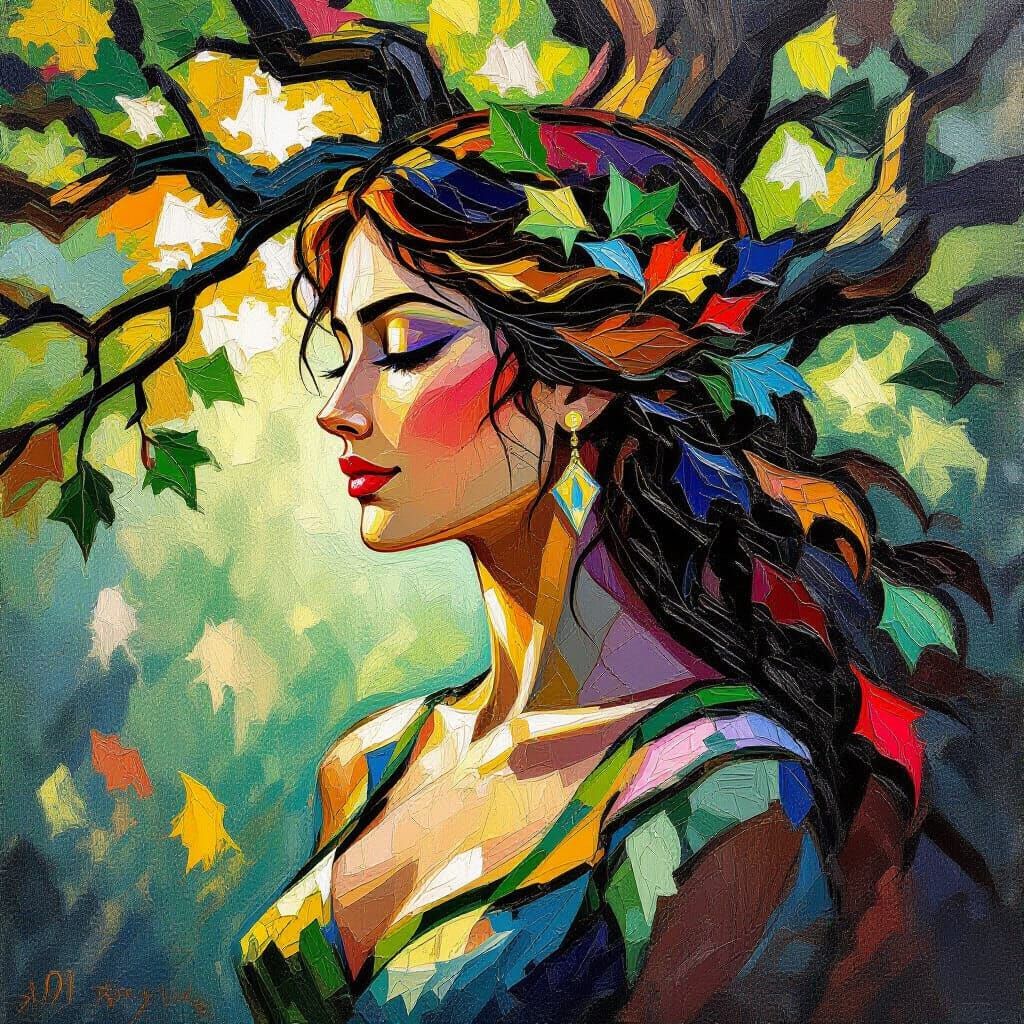 Goddess of Oak Trees in Neo-Impressionist Style