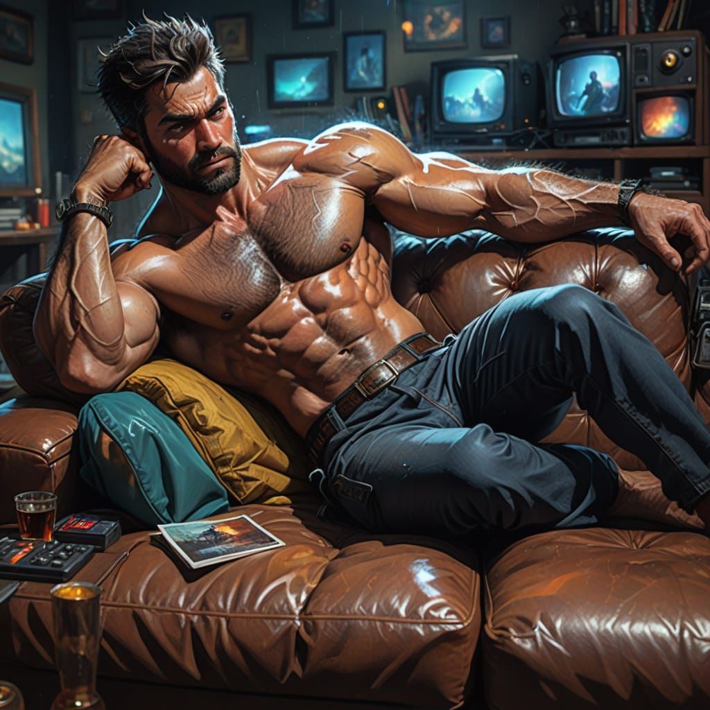 Muscular Man Slumps on Couch in Vibrant Oil Painting
