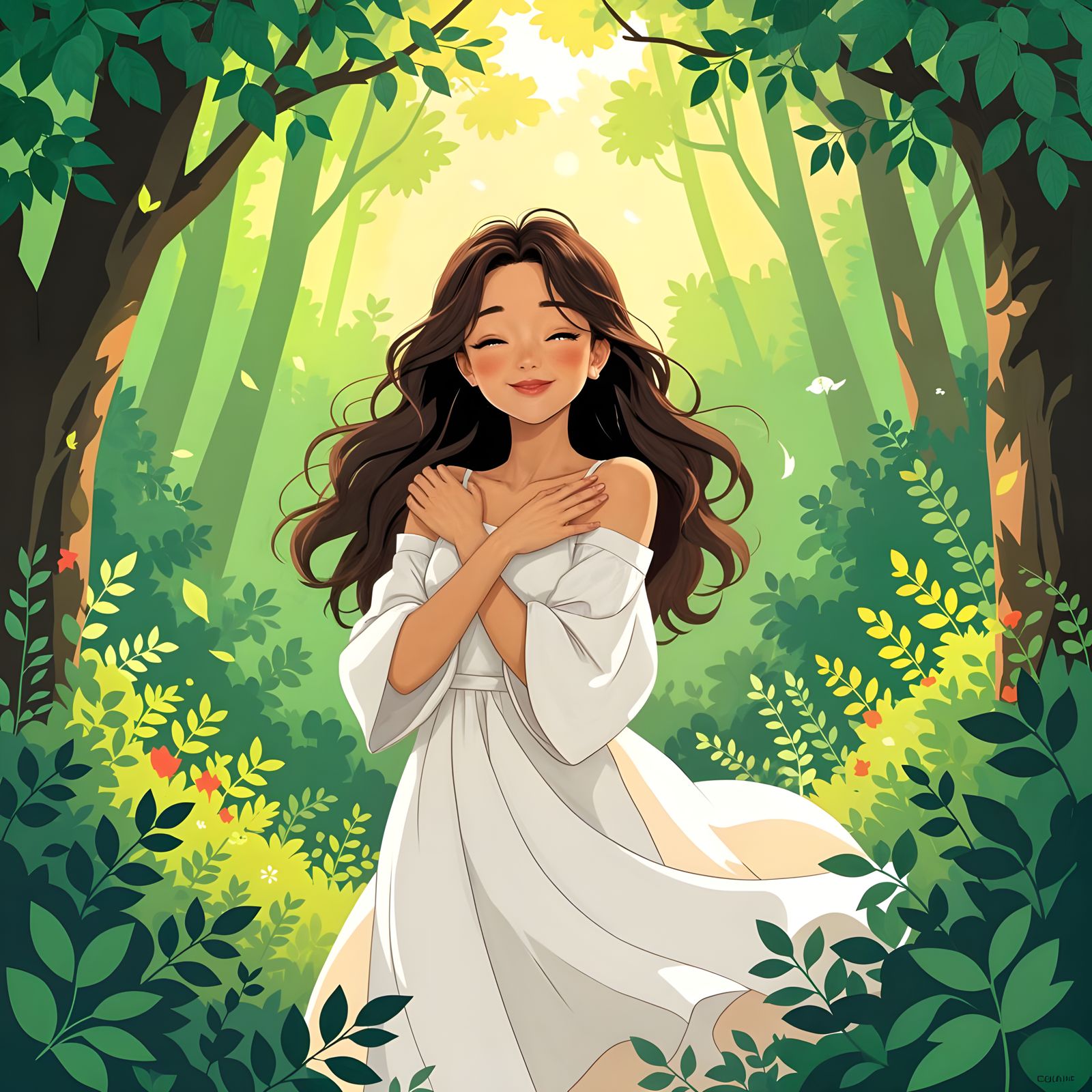 Woman Embracing Life in Whimsical Forest, Charcoal Art