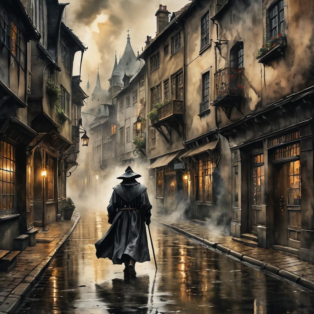 Plague Doctor in Fog, Watercolor Baroque Art