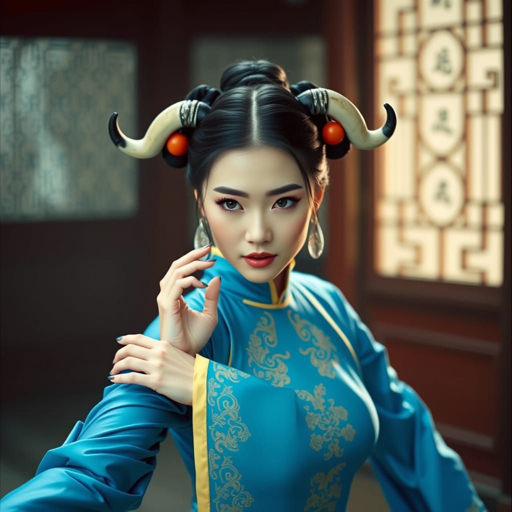 Cinematic Portrait of Woman in Blue Qipao with Buns