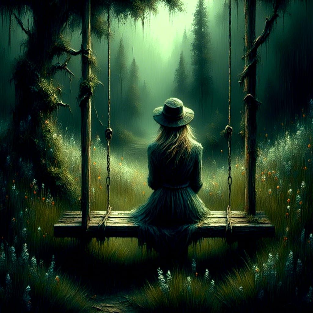 Woman on Forest Swing in Dreamy Digital Painting