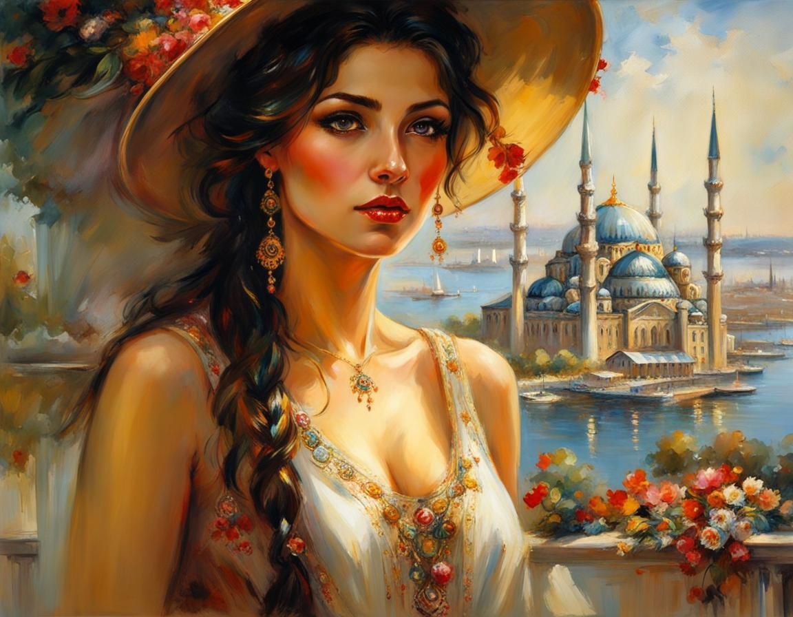 Beautiful Turkish Girl in Istanbul, Detailed Artwork