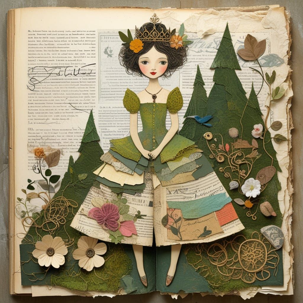 Moss Princess Storybook Collage with Mixed Media
