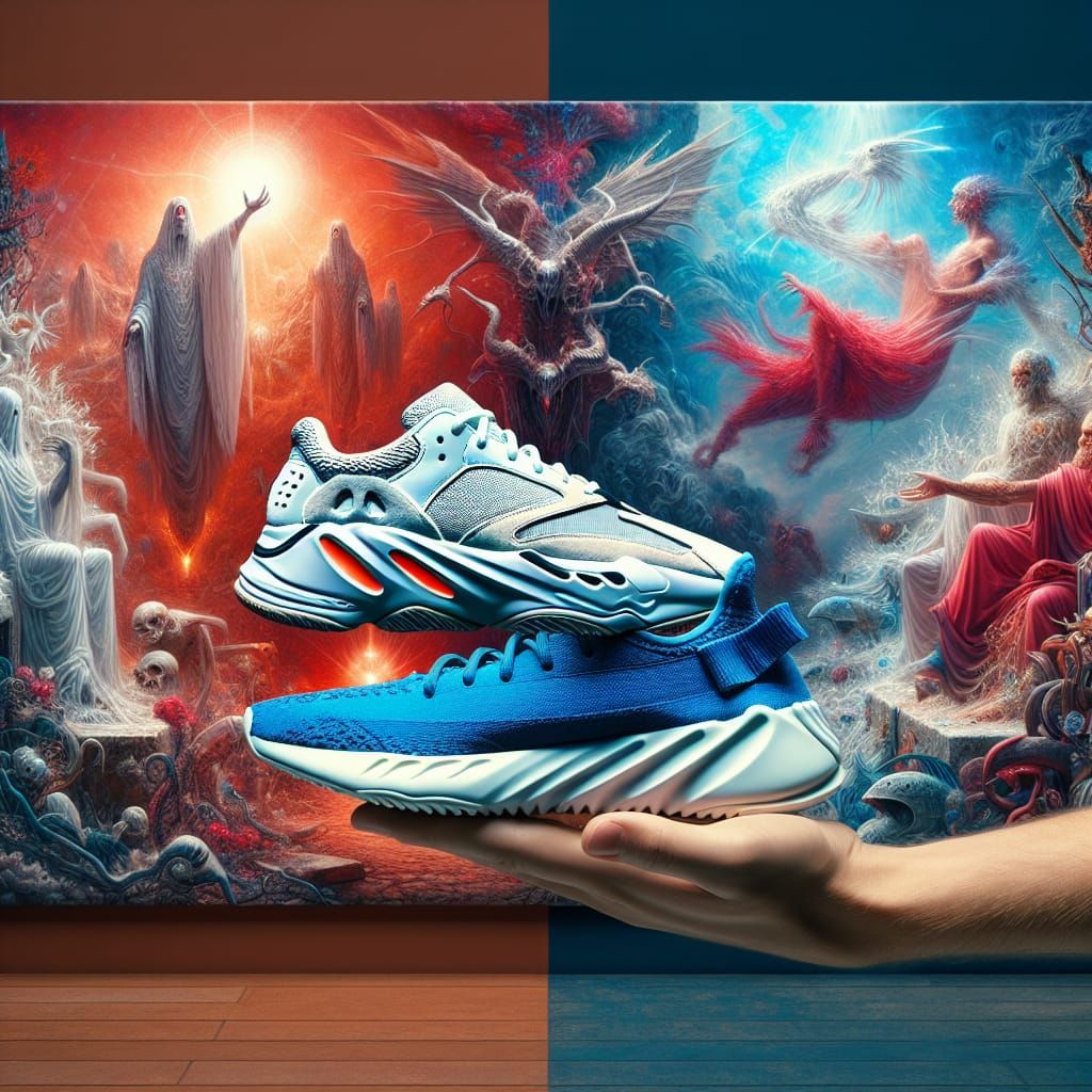 Futuristic Skeletal Shoe and Blue Tennis Shoe in Red Fantasy...