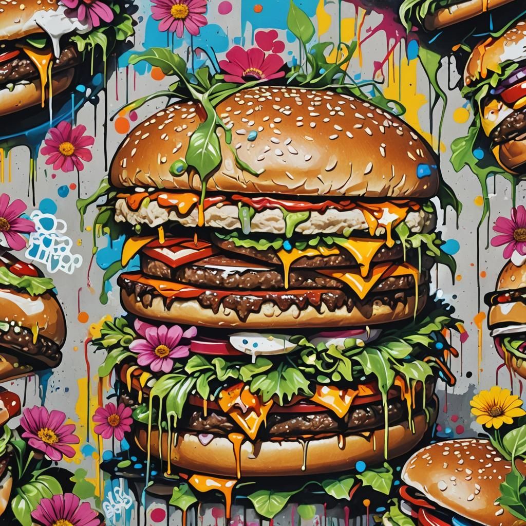 Burger Overwhelmed by Graffiti Vegetation in Urban Art