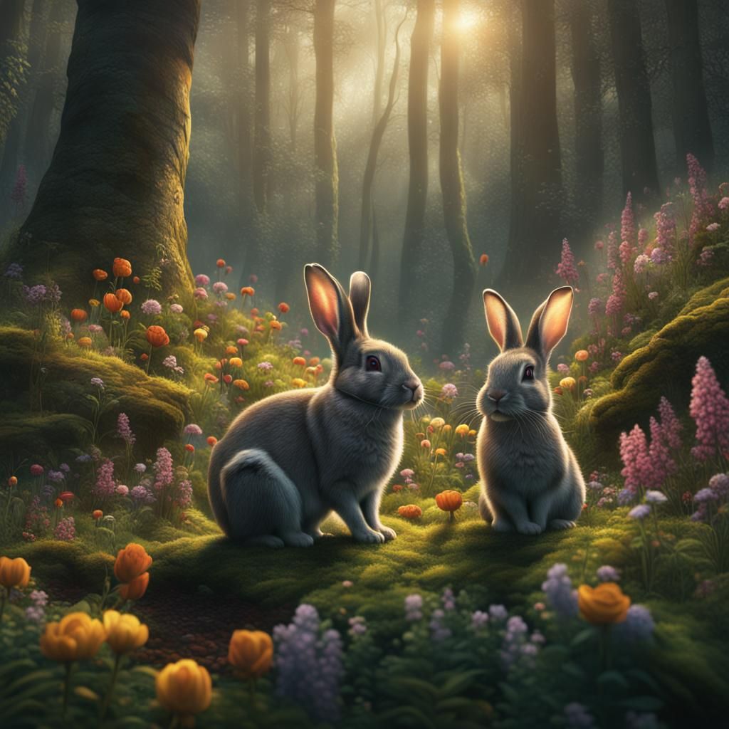 Rabbits in Forest with Flowers: Digital Matte Painting