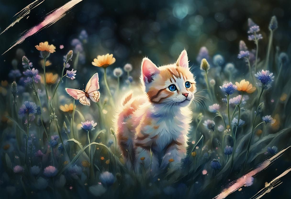 Kitten Chasing Butterfly in Watercolor Meadow