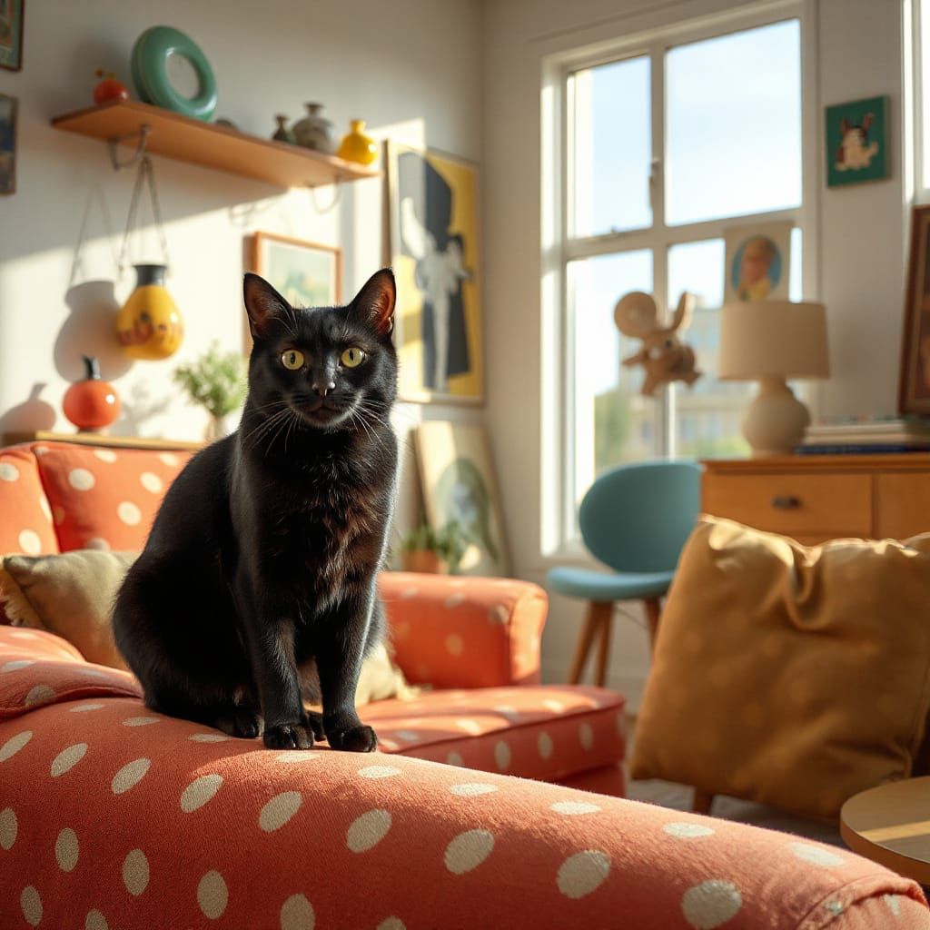 Black Cat on Polka-Dot Sofa, Hockney Style
