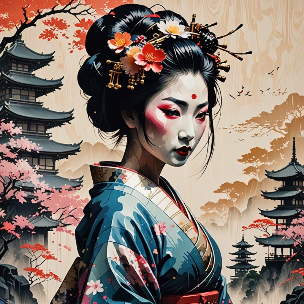 Geisha Silhouette with Japanese Landscape Art