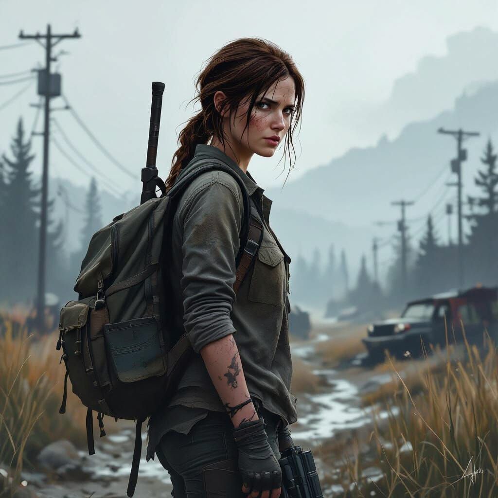 Grown-Up Ellie in Post-Apocalyptic Landscape