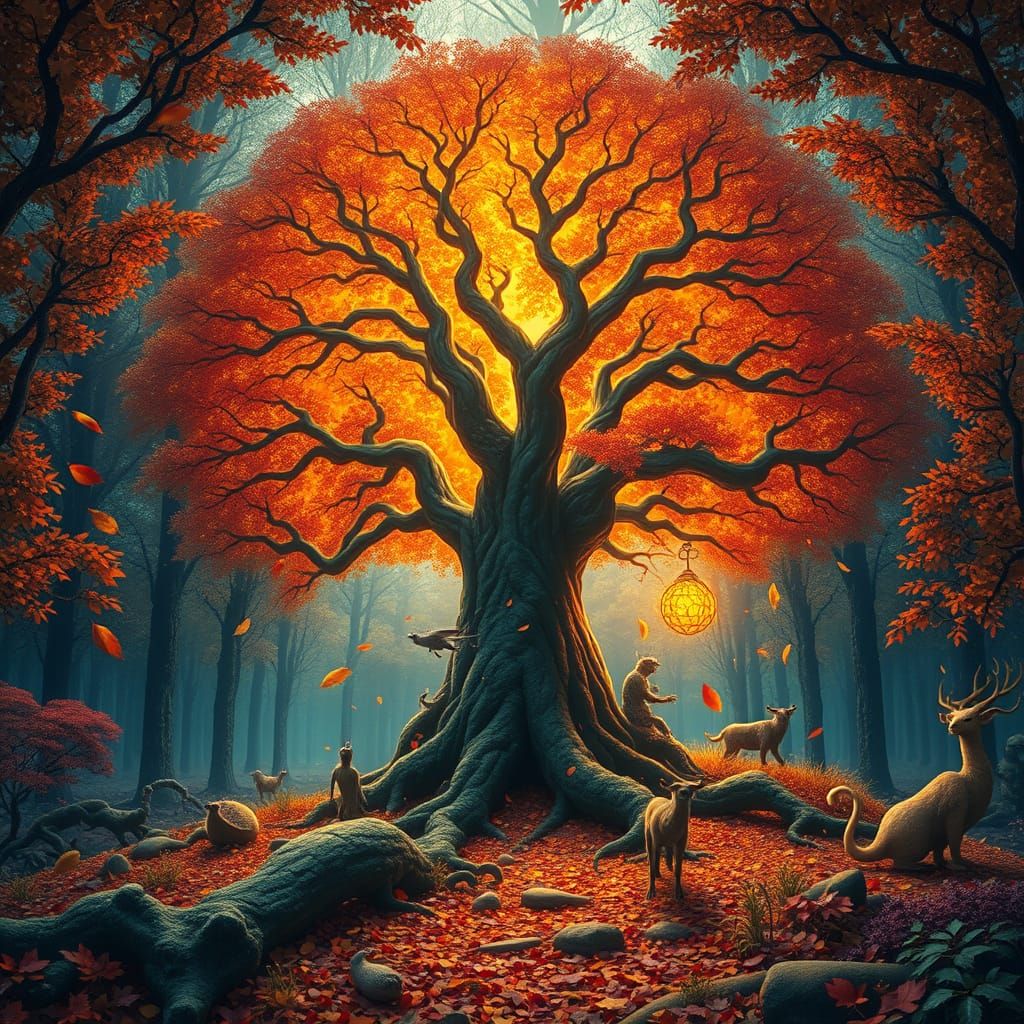 Surrealistic Tree of Life in a Whimsical Autumn Forest