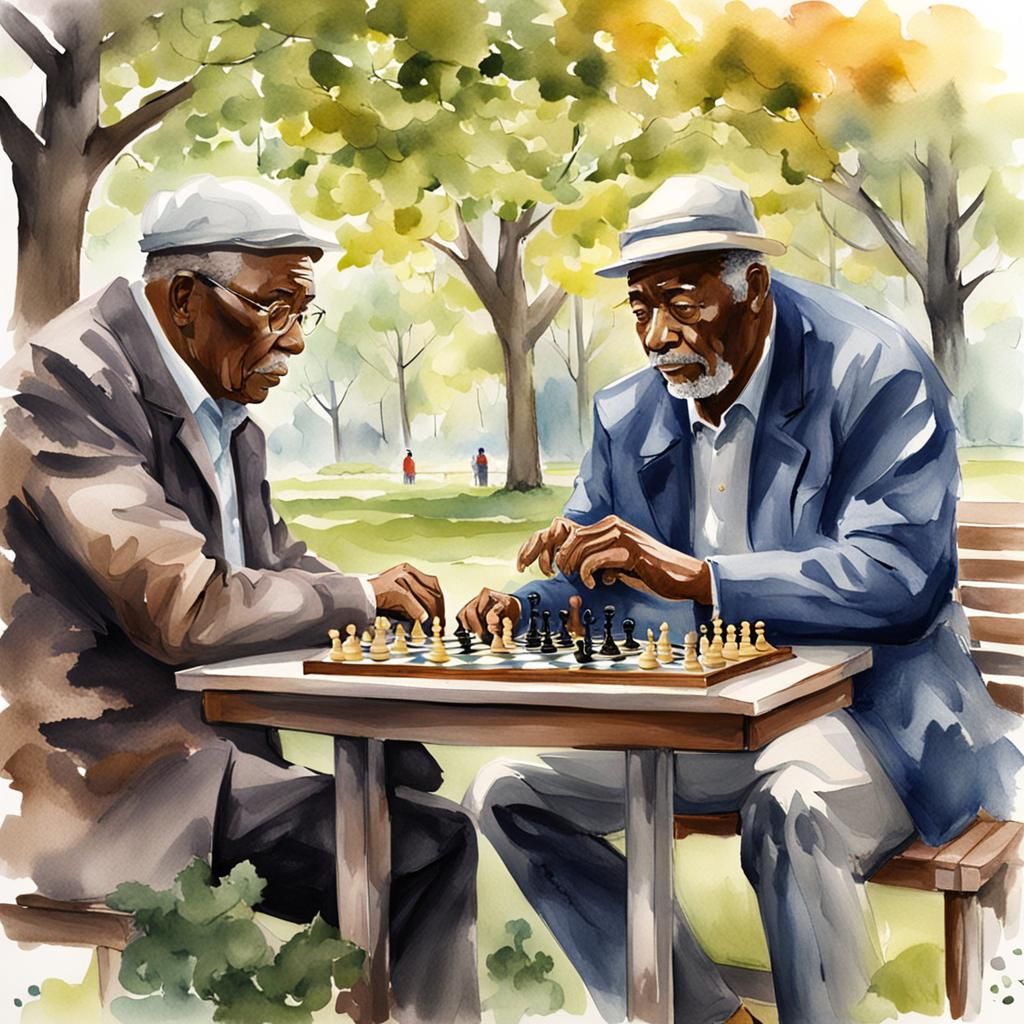 Men Playing Chess in Park, Watercolor Style