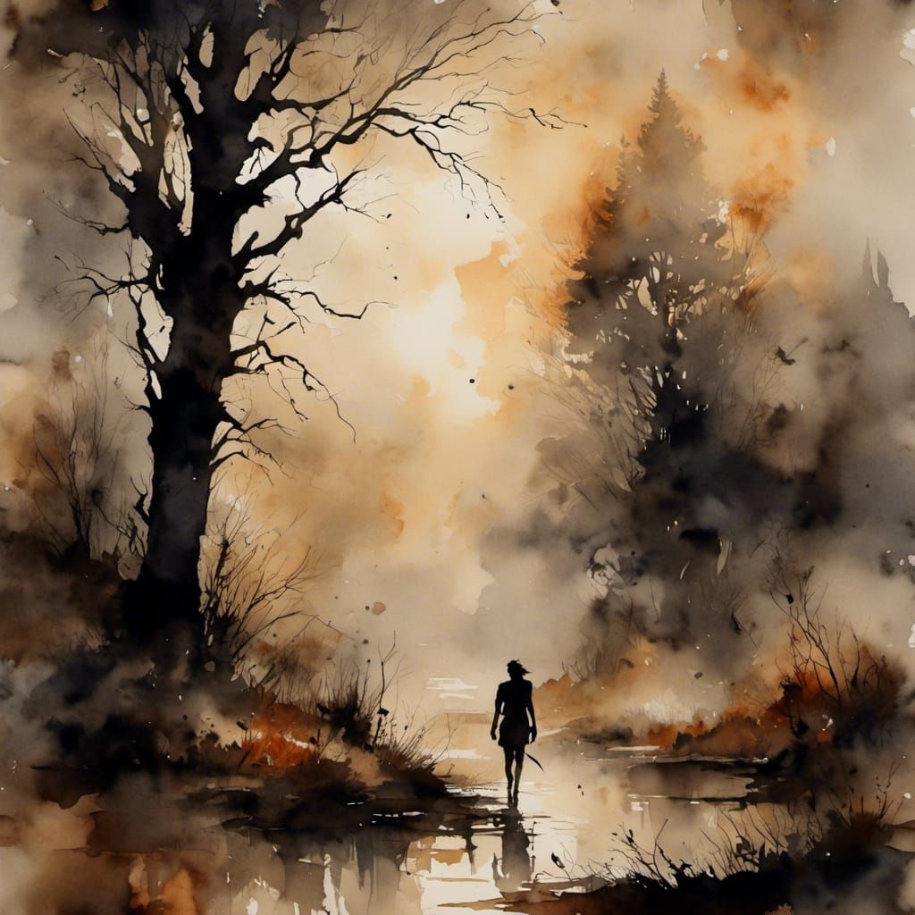 Eerie Silhouette Scene in Antique Watercolor Style