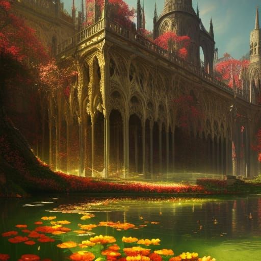 Gothic Palace of Crimson Flowers in Spring Sunlight