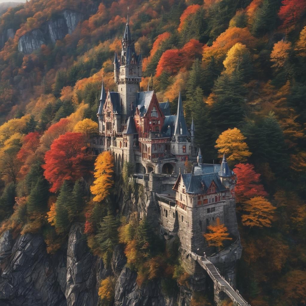 Fairytale Castle Amidst Autumn Foliage in Gothic Style