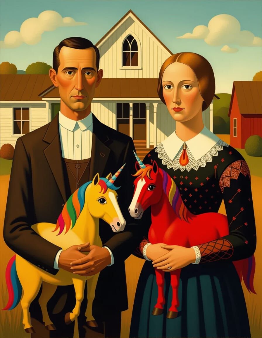 American Gothic with Bronies in Surreal Landscape