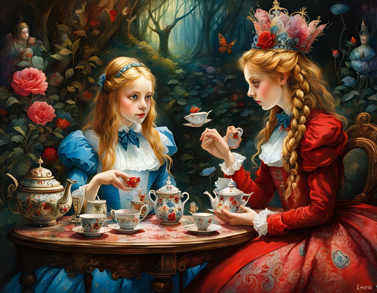 Alice and the Red Queen: Watercolor Painting