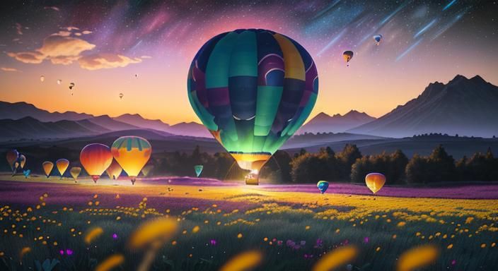 Bioluminescent Balloons Under Cosmic Sky, Psychedelic Art